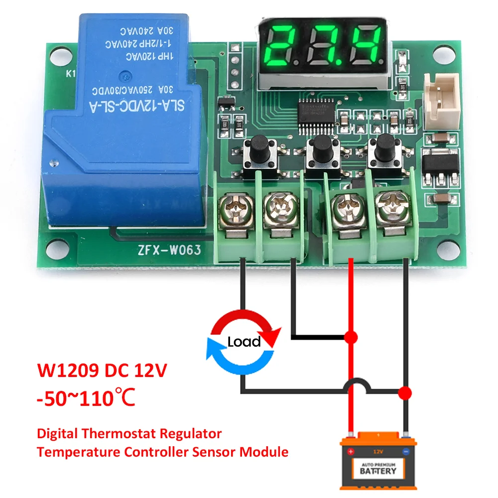 W1209 DC12V Светодиодный Цифровой термостат, Регулятор температуры, Модуль датчика, Переключатель 30A, Одноканальное реле, Регулятор термостата