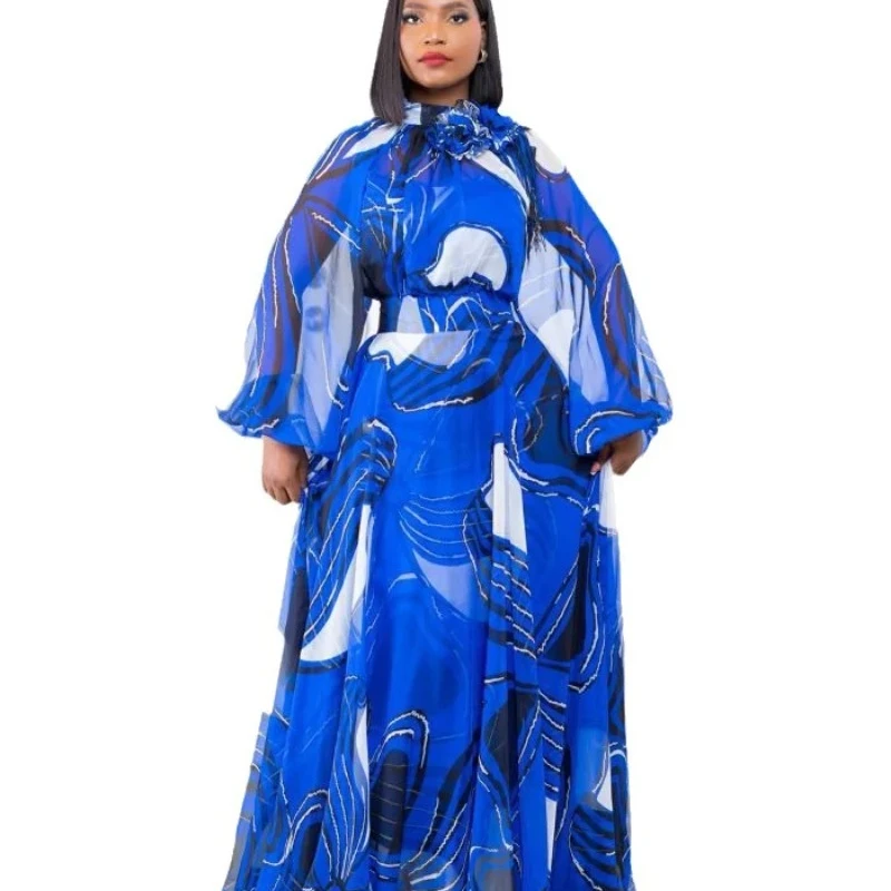Вечерние платья для женщин в африканском стиле, летнее элегантное Африканское платье Макси с длинным рукавом и круглым вырезом, синее платье с принтом, Африканская одежда в стиле Дашики