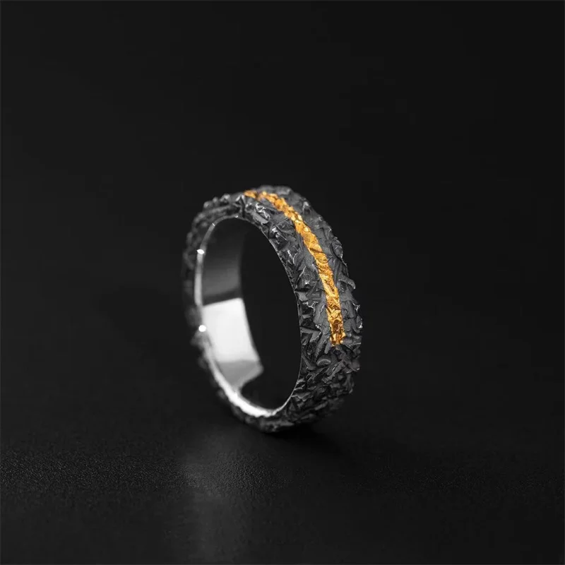 Винтажное Золотое пламя Дизайн Черное столкновение Мужское кольцо Открытый размер Индивидуальное кольцо 925 пробы Мужские ювелирные изделия