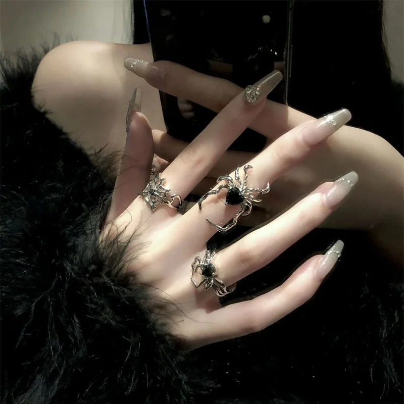 Готическая панк-паутина, Циркон, Регулируемое кольцо, женские черные Хрустальные кольца с темными животными, модные украшения для вечеринок в стиле хип-хоп