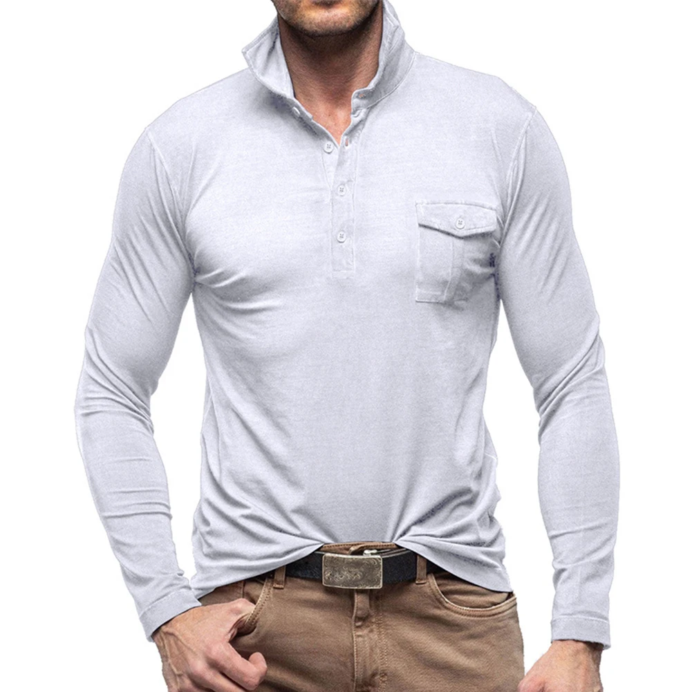 Модные мужские футболки с лацканами и пуговицами, длинный рукав, однотонный карман, Повседневные базовые майки, футболки, топы, футболка, мужская одежда