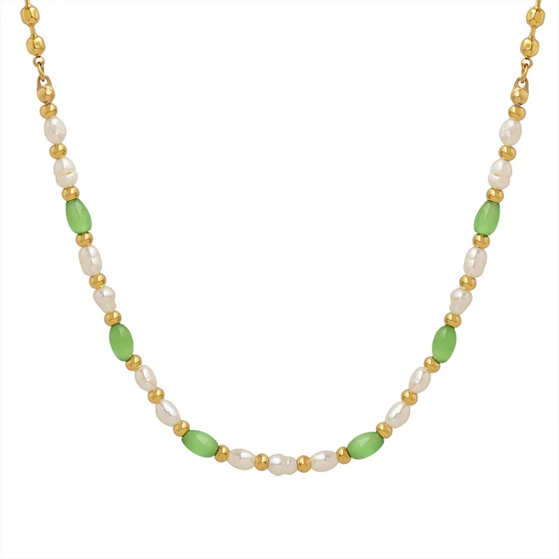 Новые водонепроницаемые ювелирные изделия из зеленых опаловых бусин в сочетании с ожерельем из пресноводного жемчуга для женщин, стильные ожерелья ручной работы, модный подарок