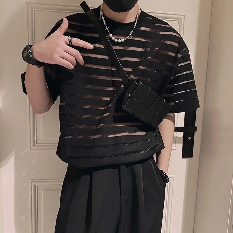 Футболка с круглым вырезом и коротким рукавом, мужские летние тонкие топы, уличная одежда, Корейский модный пуловер с кружевом в стиле хип-хоп