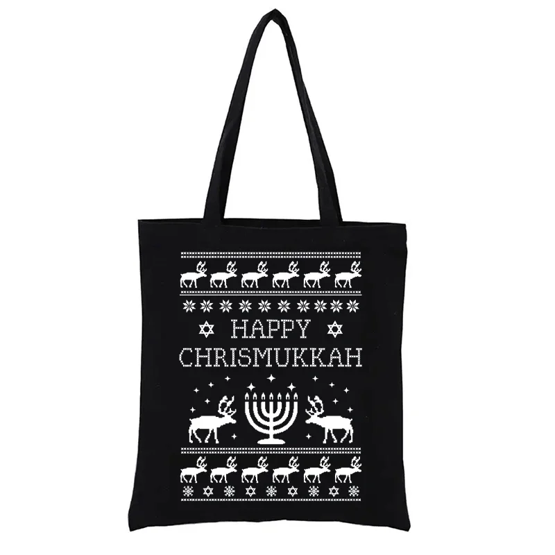Холщовая сумка для покупок Happy Chrismukkah, повседневные женские сумки, разработанные в 2023 году, сумки Totebag Shopper, модные забавные сумки для покупок